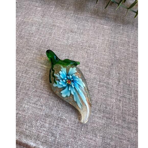 Hand Blown Glass Flower Pendant | Blue Floral Art Glass Jewelry - Picture 1 of 9